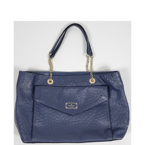 Kate Spade Elegant Halsey La Vita Blue Ostrich Cow Leather Tote Shoulder Bag‎ - Picture 1 of 16